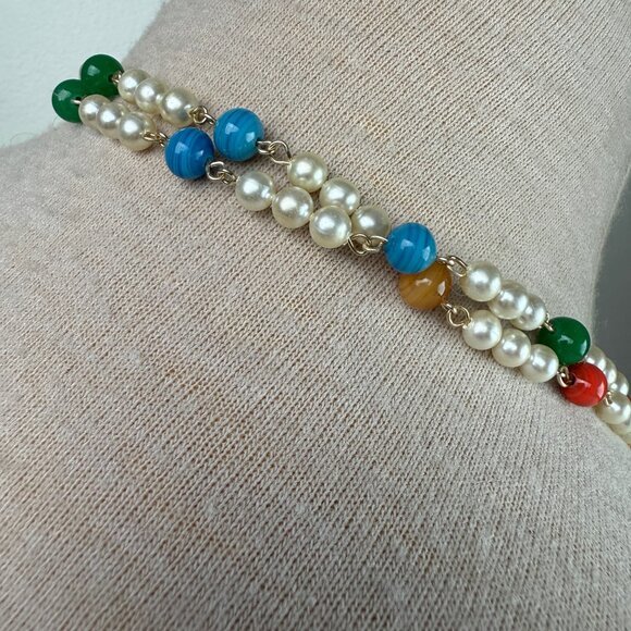 Faux Pearl Link Necklace with Colorful Glass Beads Pullover 58" - Picture 8 of 8